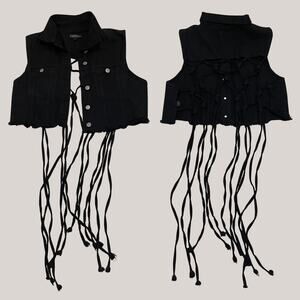 Thrill Black Denim Fringe Vest 1X | Knotted Back, Cropped Streetwear Y2K Revival